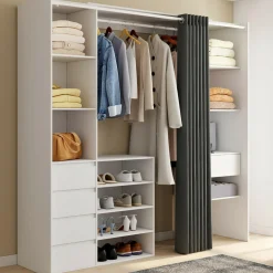 Dressing XXL extensible 120/180 cm blanc avec tiroirs + étagères + penderie + rideau gris*IDMarket Hot
