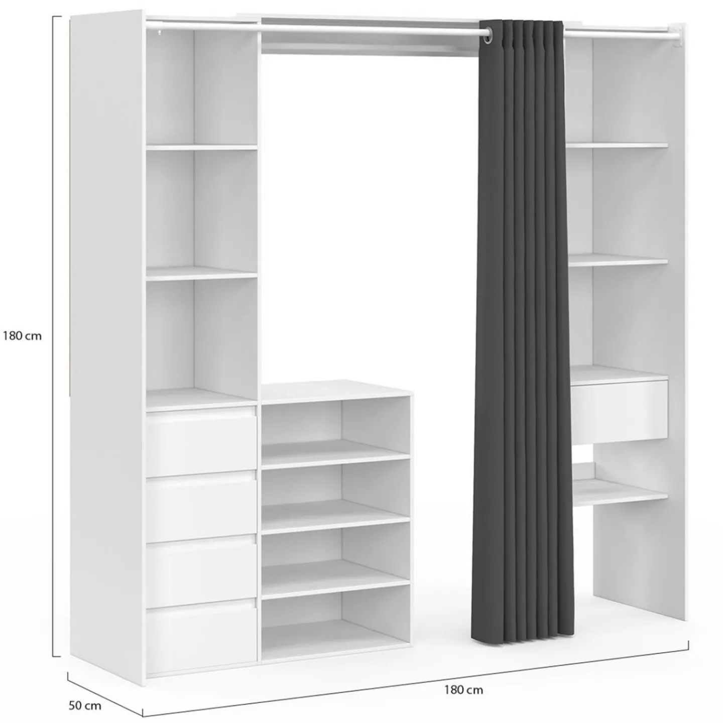 Dressing XXL extensible 120/180 cm blanc avec tiroirs + étagères + penderie + rideau gris*IDMarket Hot