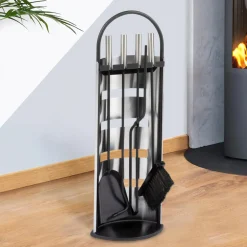Ensemble d'accessoires de cheminée noir inox avec support*IDMarket Best