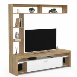 Ensemble meuble télé 170 cm avec étagères bois et placard blanc*IDMarket Online