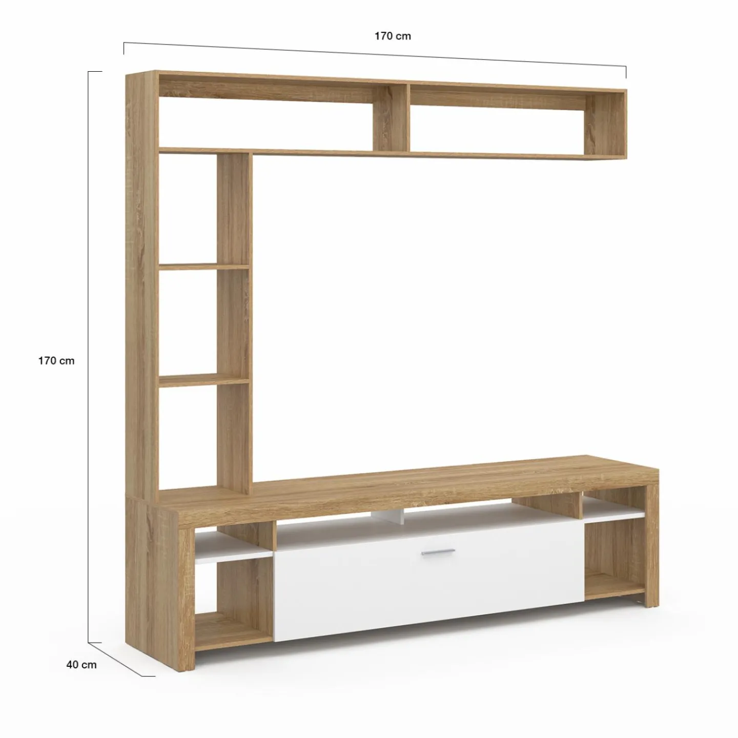 Ensemble meuble télé 170 cm avec étagères bois et placard blanc*IDMarket Online