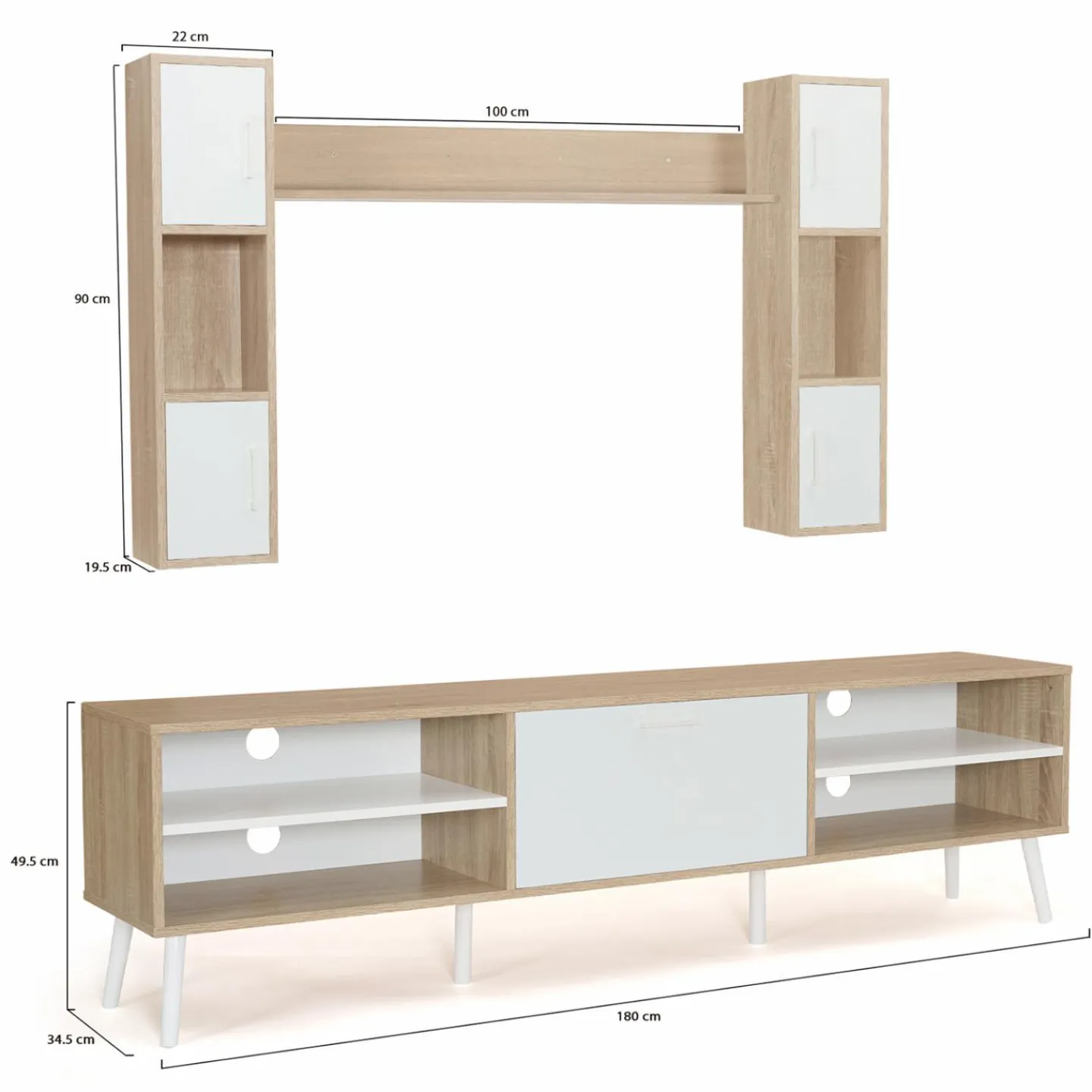 Ensemble meuble télé avec étagères murales bois et blanc*IDMarket Outlet