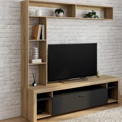 Ensemble meuble télé de 170 cm avec des étagères en bois et un placard noir*IDMarket Discount