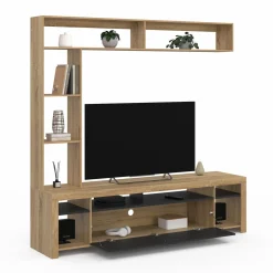 Ensemble meuble télé de 170 cm avec des étagères en bois et un placard noir*IDMarket Discount