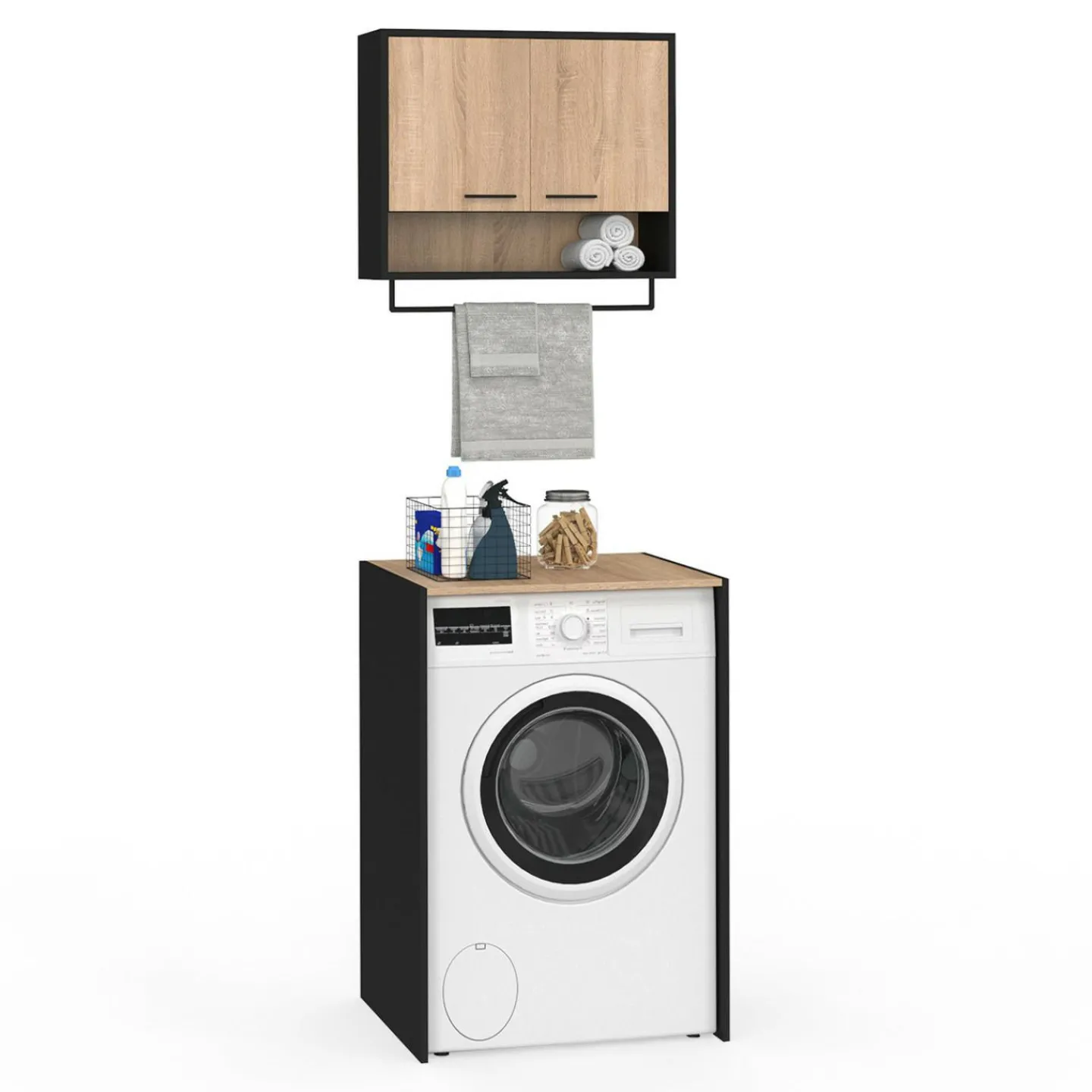 Ensemble meubles de buanderie pour machine à laver noir et hêtre*IDMarket Online