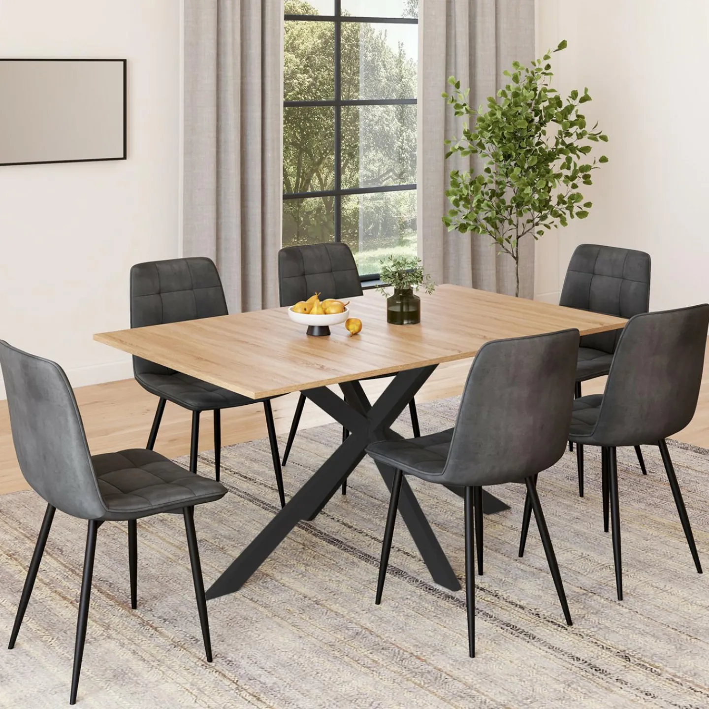 Ensemble table à manger rectangle 160 cm bois et noir et 6 chaises en velours gris foncé*IDMarket Best