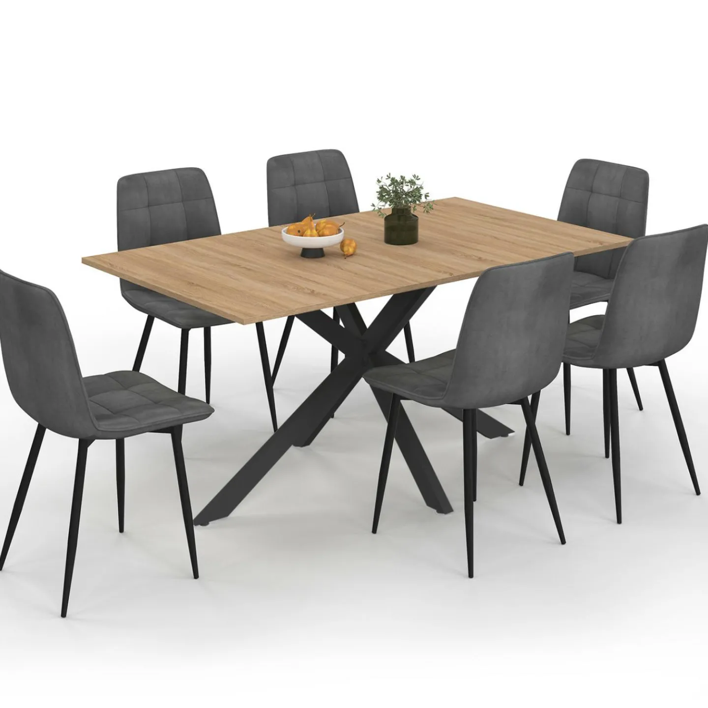 Ensemble table à manger rectangle 160 cm bois et noir et 6 chaises en velours gris foncé*IDMarket Best
