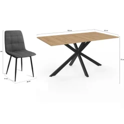 Ensemble table à manger rectangle 160 cm bois et noir et 6 chaises en velours gris foncé*IDMarket Best