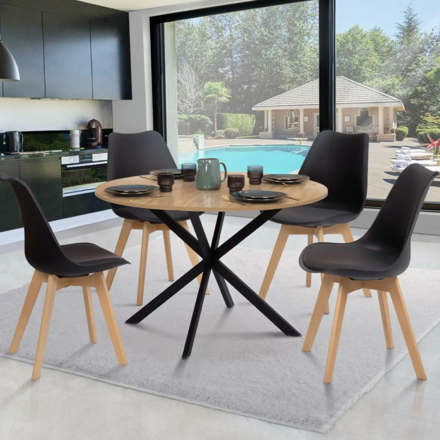 Ensemble table à manger ronde 110 cm bois et noir et 4 chaises noires*IDMarket Best