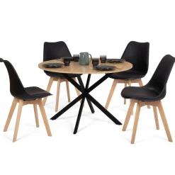 Ensemble table à manger ronde 110 cm bois et noir et 4 chaises noires*IDMarket Best