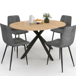 Ensemble table à manger ronde extensible 110 - 150 cm et 4 chaises en velours gris foncé*IDMarket New