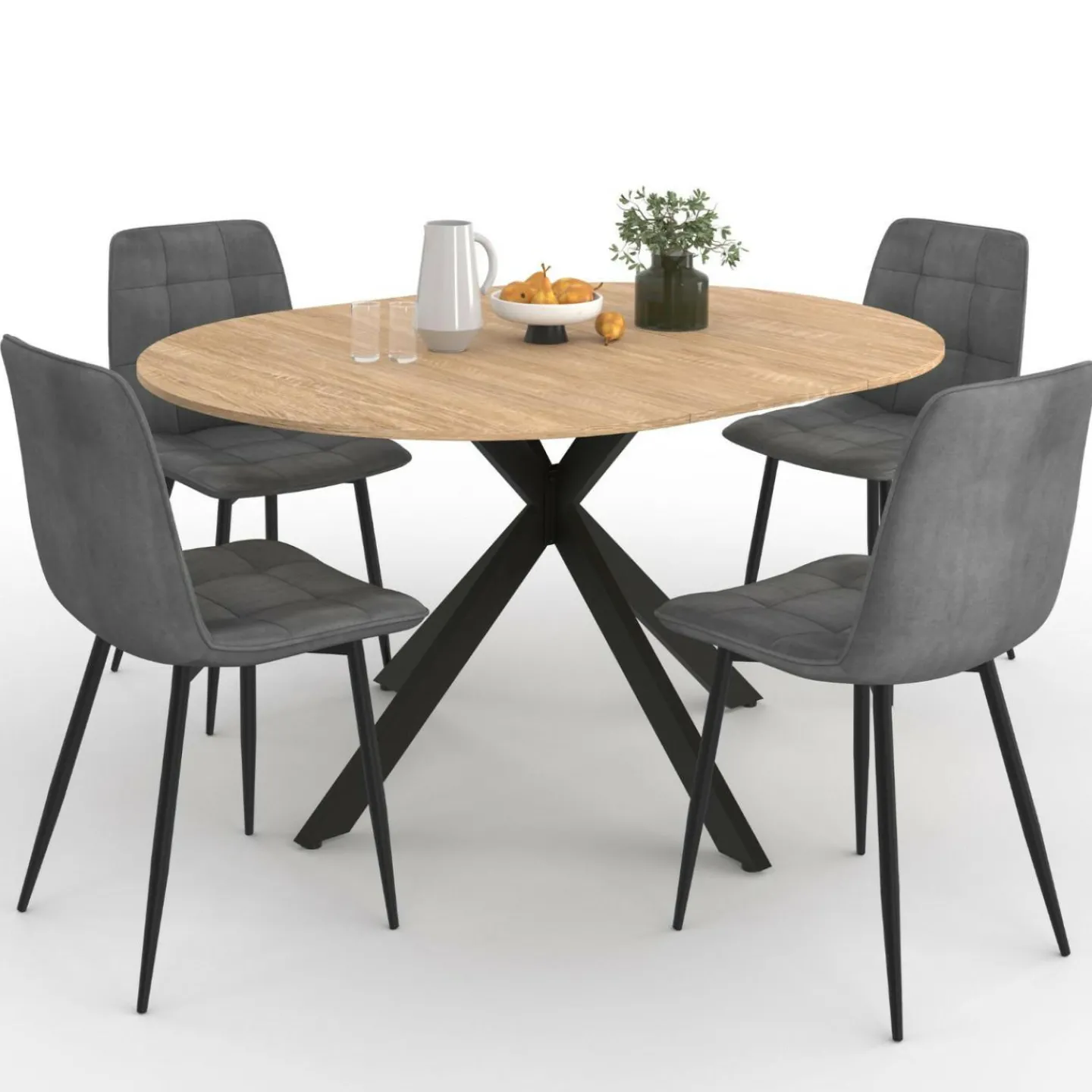 Ensemble table à manger ronde extensible 110 - 150 cm et 4 chaises en velours gris foncé*IDMarket New