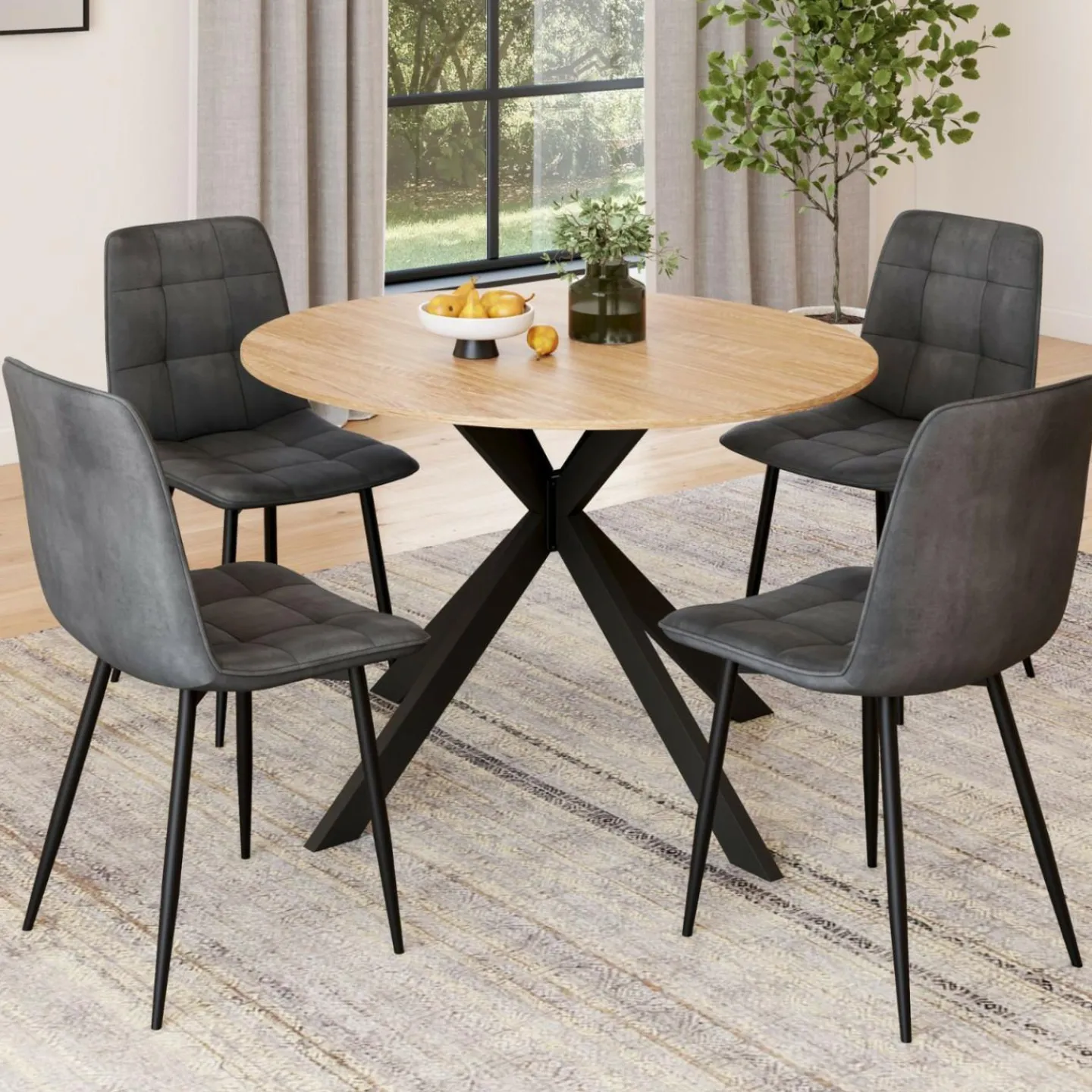 Ensemble table à manger ronde extensible 110 - 150 cm et 4 chaises en velours gris foncé*IDMarket New