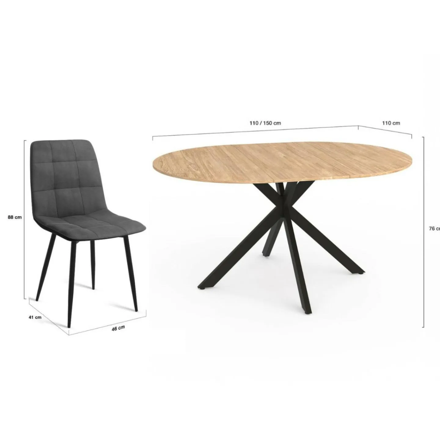 Ensemble table à manger ronde extensible 110 - 150 cm et 4 chaises en velours gris foncé*IDMarket New