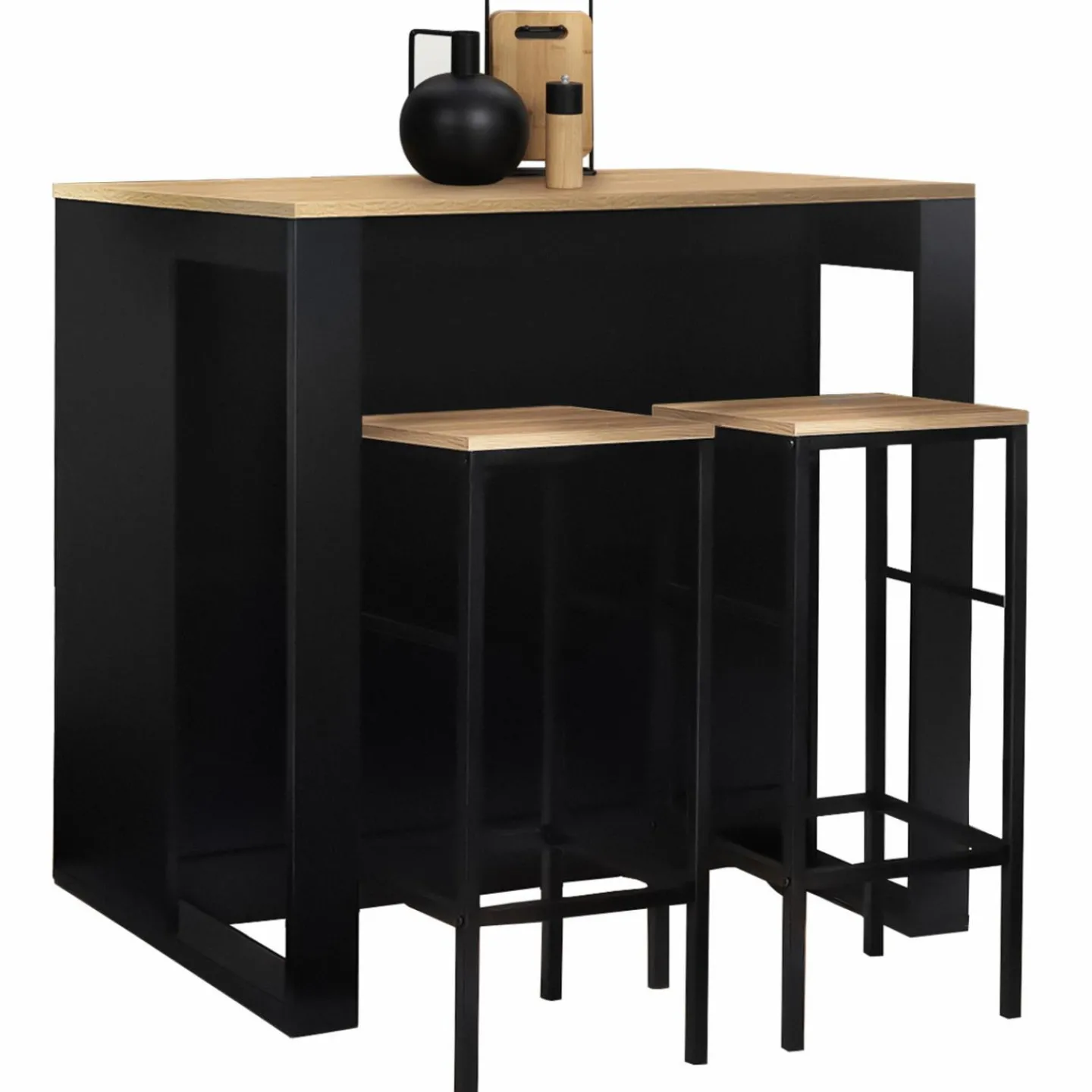 Ensemble table de bar + 2 tabourets de bar bois noir et imitation hêtre*IDMarket New
