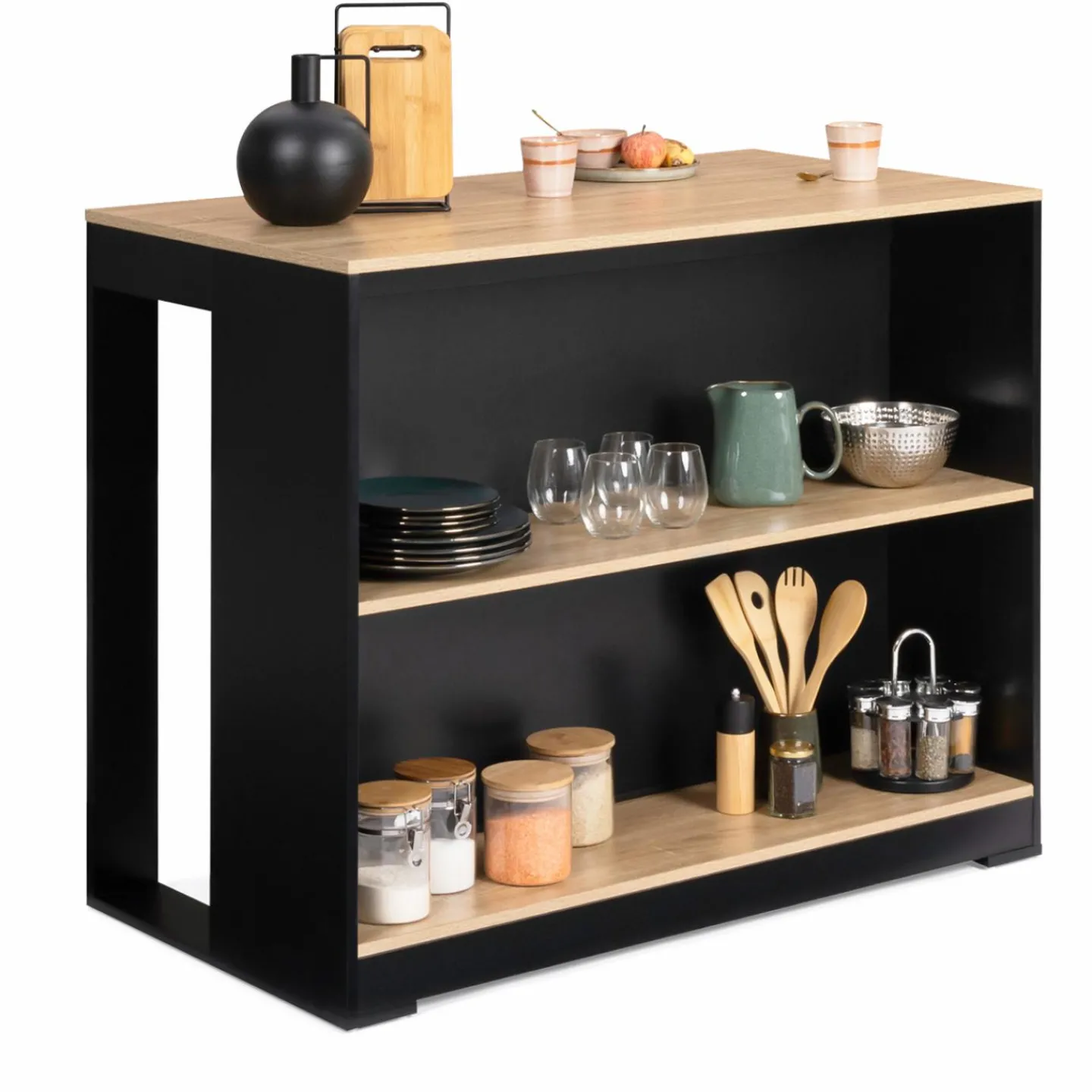 Ensemble table de bar + 2 tabourets de bar bois noir et imitation hêtre*IDMarket New