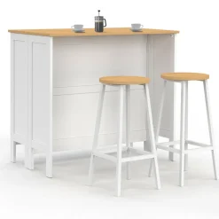 Ensemble table de bar ilot et 2 tabourets bois blanc plateau façon hêtre*IDMarket New