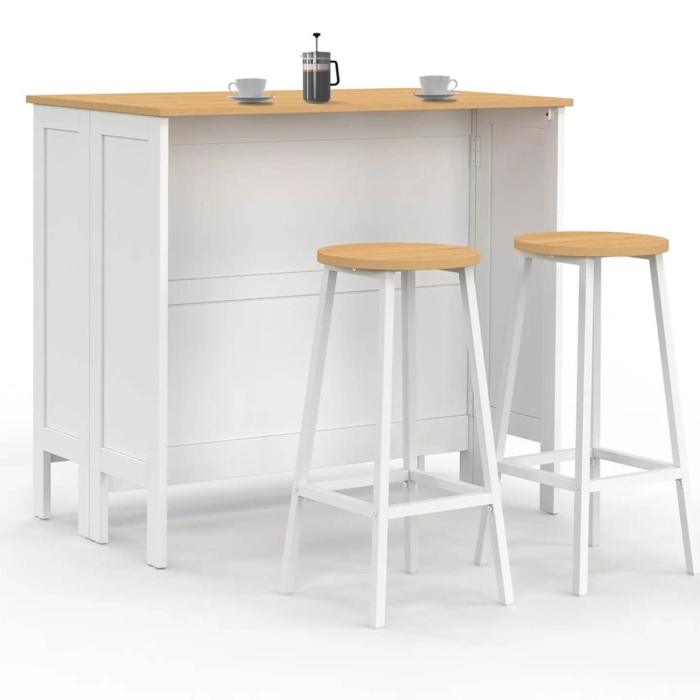 Ensemble table de bar ilot et 2 tabourets bois blanc plateau façon hêtre*IDMarket New