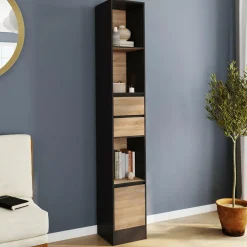 Etagère bibliothèque 190 cm 3 étagères 2 tiroirs 1 placard noir et effet bois*IDMarket Sale
