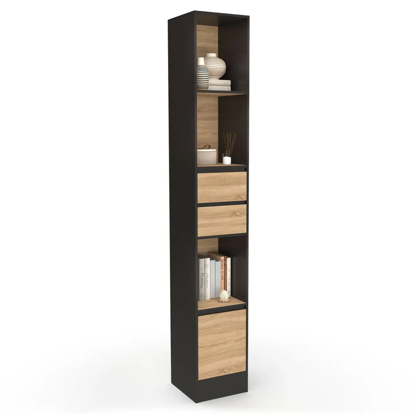Etagère bibliothèque 190 cm 3 étagères 2 tiroirs 1 placard noir et effet bois*IDMarket Sale