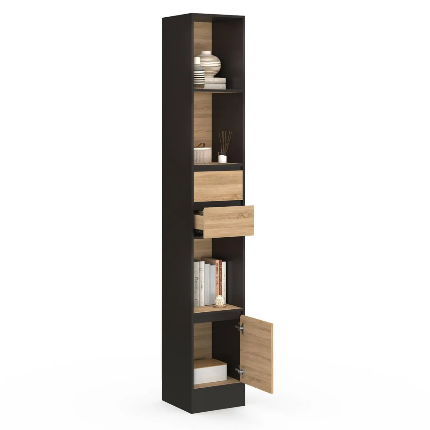 Etagère bibliothèque 190 cm 3 étagères 2 tiroirs 1 placard noir et effet bois*IDMarket Sale