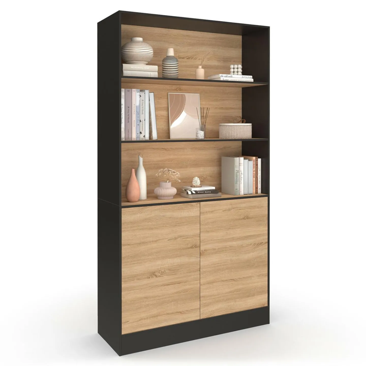 Etagère bibliothèque 3 niveaux XXL 1 placard noir et effet bois 190 cm*IDMarket