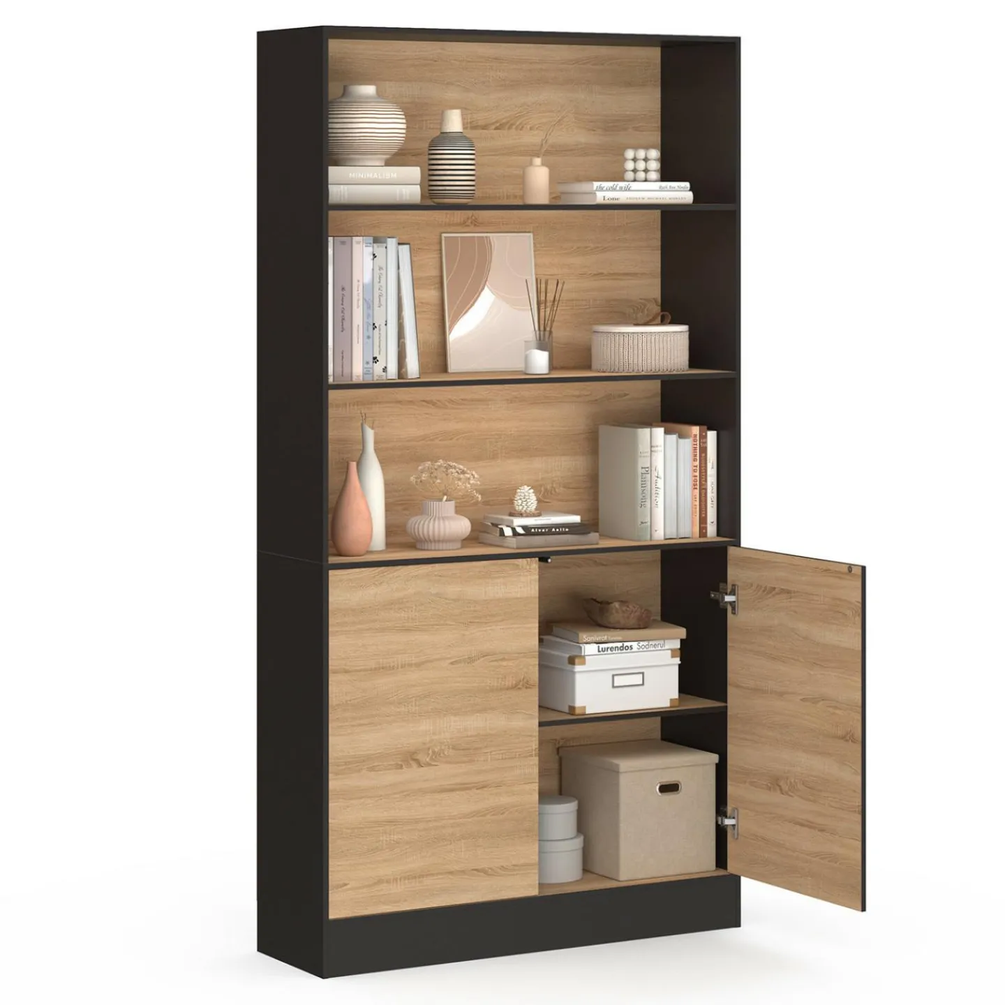 Etagère bibliothèque 3 niveaux XXL 1 placard noir et effet bois 190 cm*IDMarket