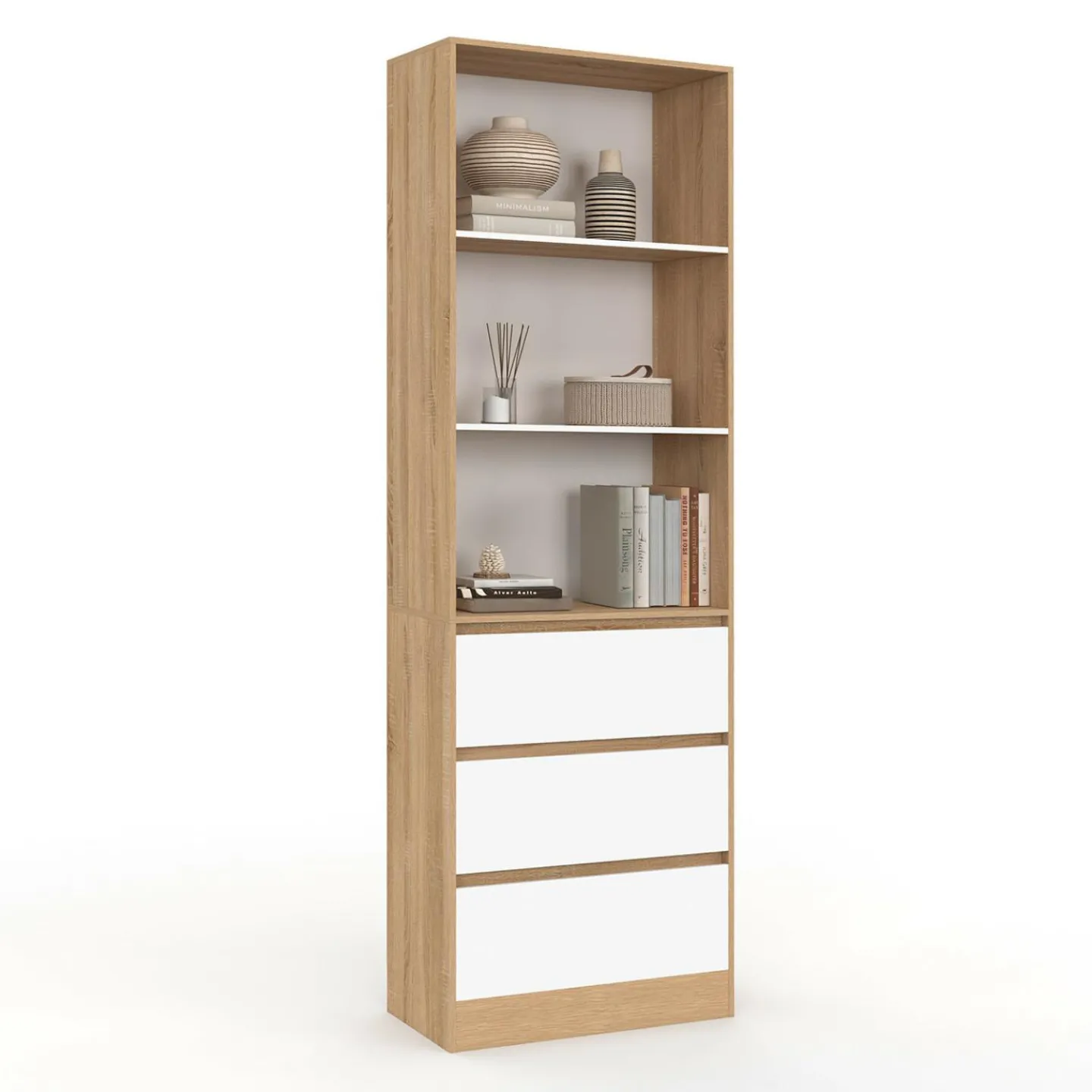Etagère bibliothèque 3 niveaux 3 tiroirs blanc et effet bois*IDMarket Sale