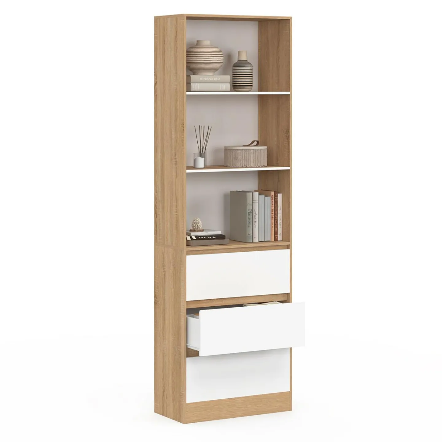Etagère bibliothèque 3 niveaux 3 tiroirs blanc et effet bois*IDMarket Sale