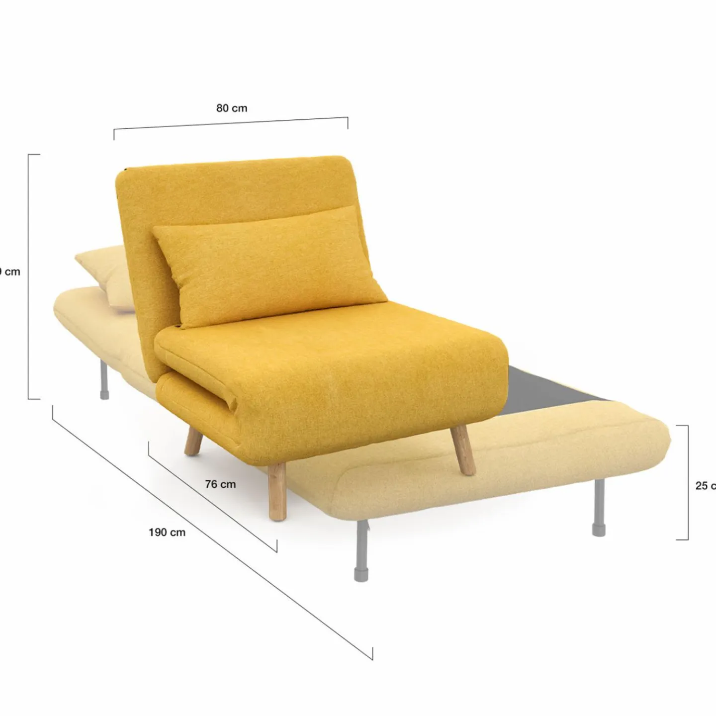 Fauteuil convertible en lit 80x190cm tissu jaune*IDMarket Best
