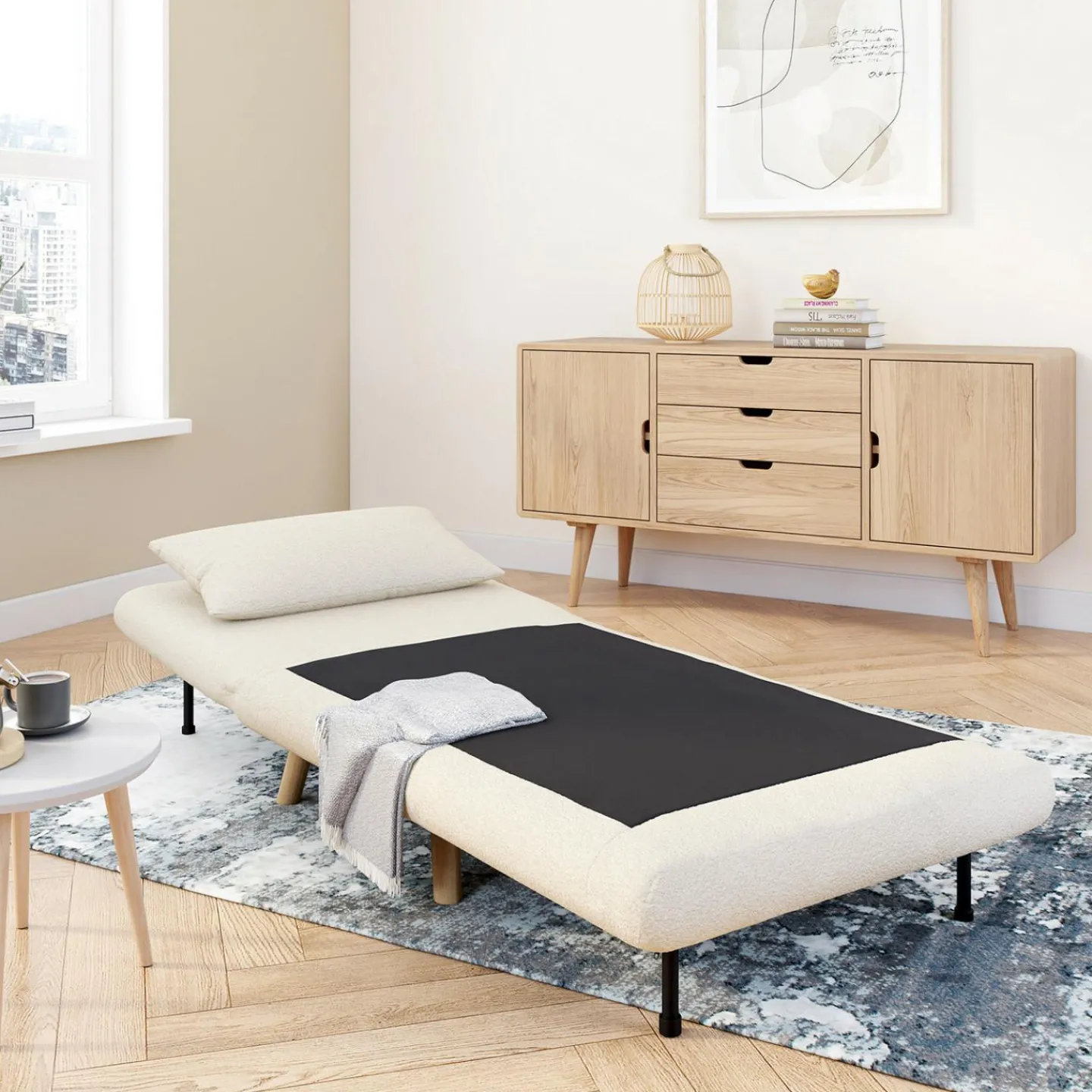 Fauteuil convertible en lit d'appoint 1 place 80x190 cm bouclette blanc*IDMarket Sale