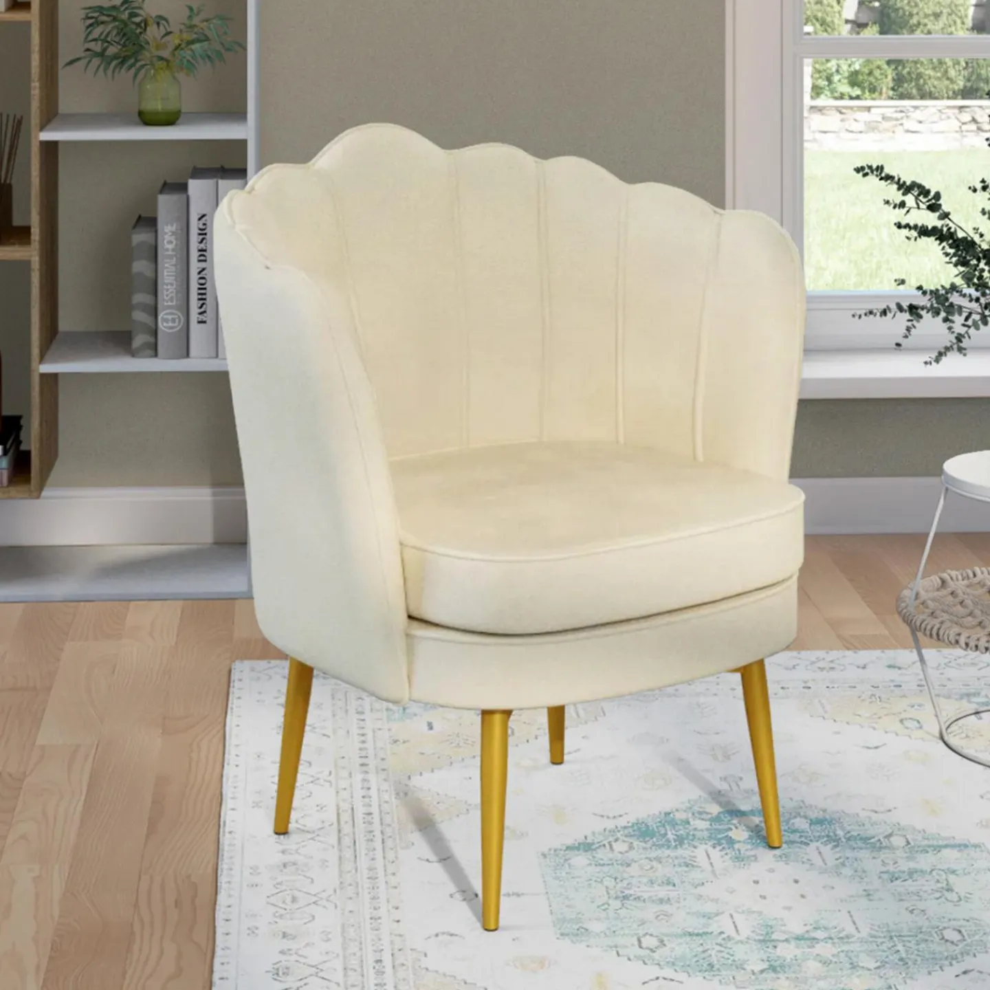 Fauteuil coquillage beige en velours pieds dorés*IDMarket Best