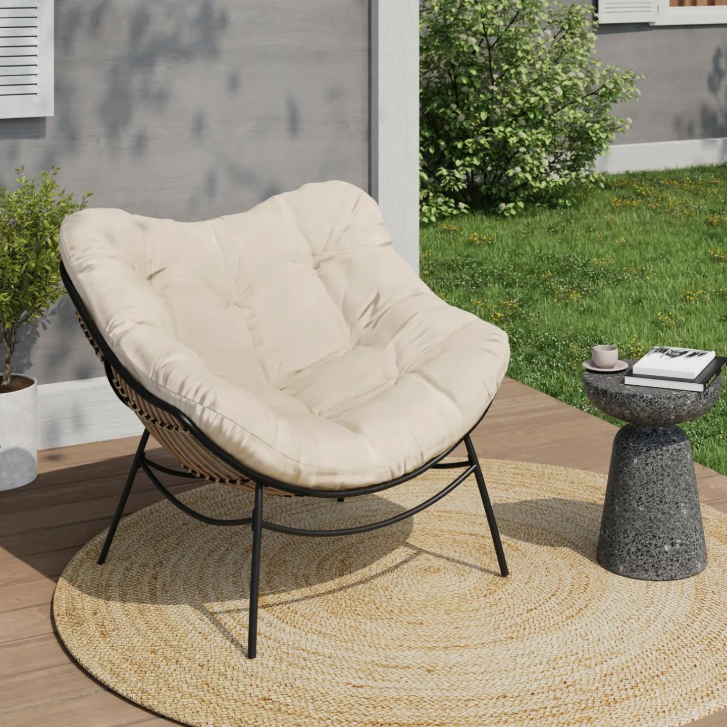 Fauteuil de jardin relax avec coussin écru effet rotin*IDMarket Best