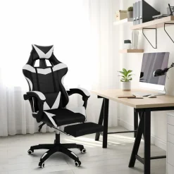 Fauteuil gamer réglable et inclinable avec repose-pied et coussins noir et blanc*IDMarket Sale