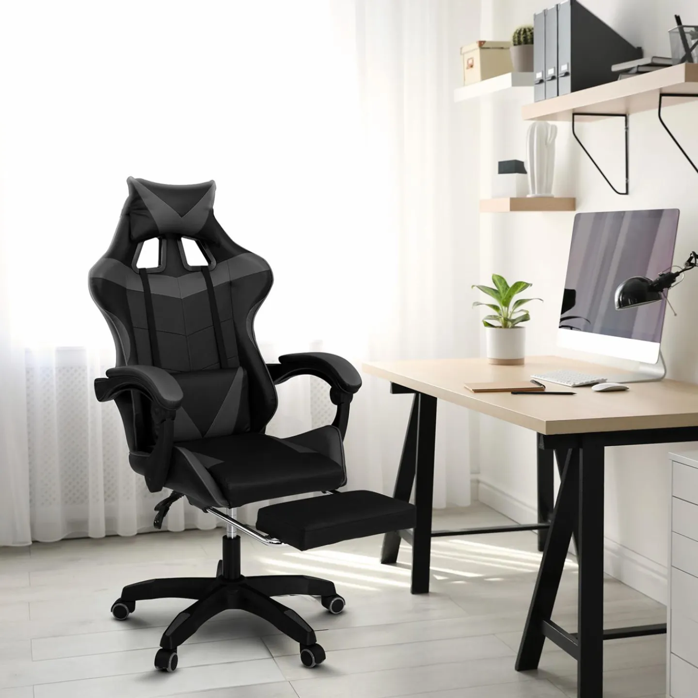 Fauteuil gamer réglable et inclinable avec repose-pied et coussins noir et gris*IDMarket Best