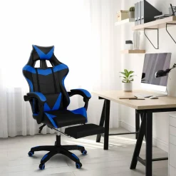 Fauteuil gamer réglable et inclinable avec repose-pied et coussins noir et bleu*IDMarket New