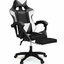 Fauteuil gamer réglable, inclinable avec repose-pied et coussins noir, blanc et gris*IDMarket Best