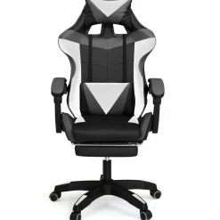 Fauteuil gamer réglable, inclinable avec repose-pied et coussins noir, blanc et gris*IDMarket Best