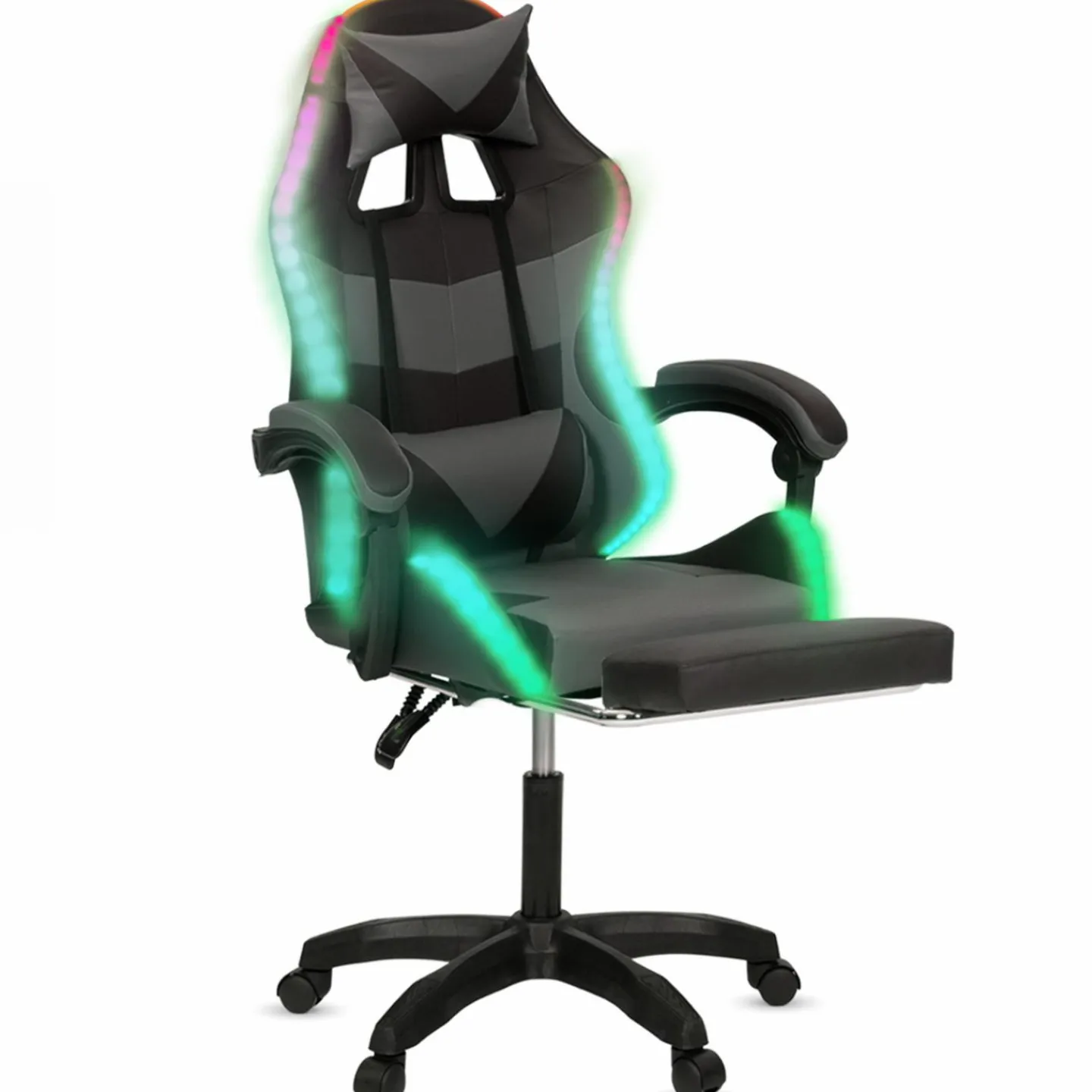 Fauteuil gaming LED noir et gris avec repose-pied, coussin tête + lombaire*IDMarket Clearance