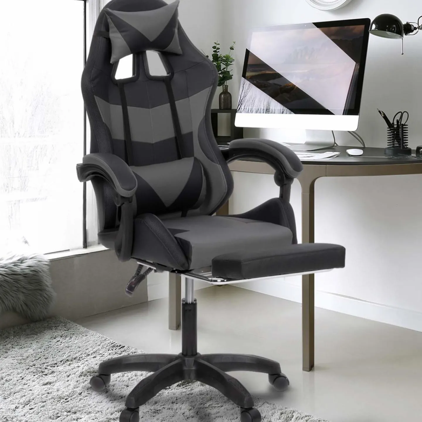 Fauteuil gaming LED noir et gris avec repose-pied, coussin tête + lombaire*IDMarket Clearance