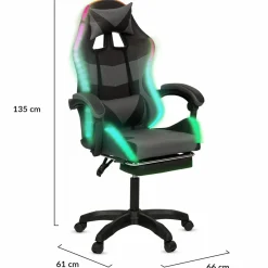 Fauteuil gaming LED noir et gris avec repose-pied, coussin tête + lombaire*IDMarket Clearance