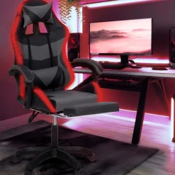 Fauteuil gaming LED noir et gris avec repose-pied, coussin tête + lombaire*IDMarket Clearance