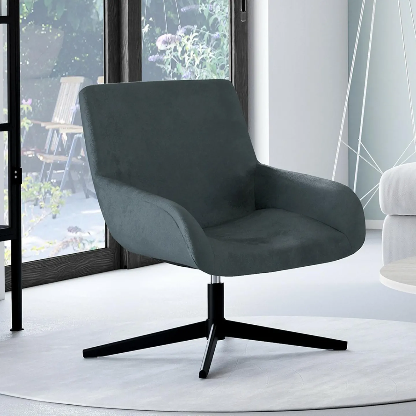 Fauteuil pivotant gris en velours et pieds noirs*IDMarket Sale