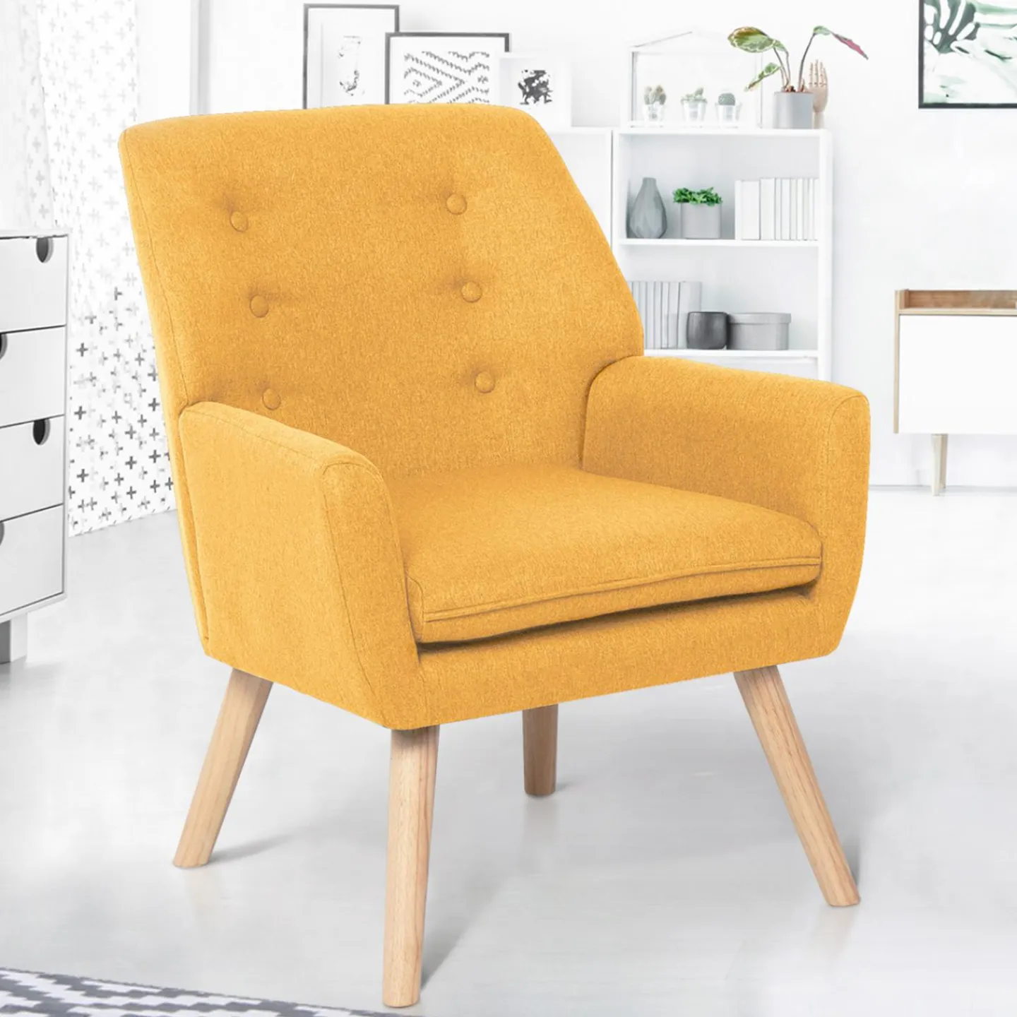 Fauteuil scandinave en tissu jaune moutarde*IDMarket Sale