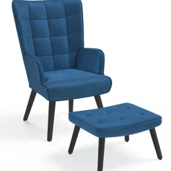 Fauteuil scandinave en velours bleu avec repose-pieds*IDMarket Sale
