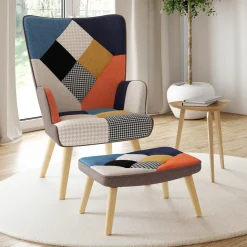 Fauteuil scandinave multicolore imprimé pied de poule avec repose pieds*IDMarket Online