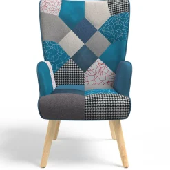 Fauteuil scandinave velours bleu et patchwork avec repose pied*IDMarket Outlet