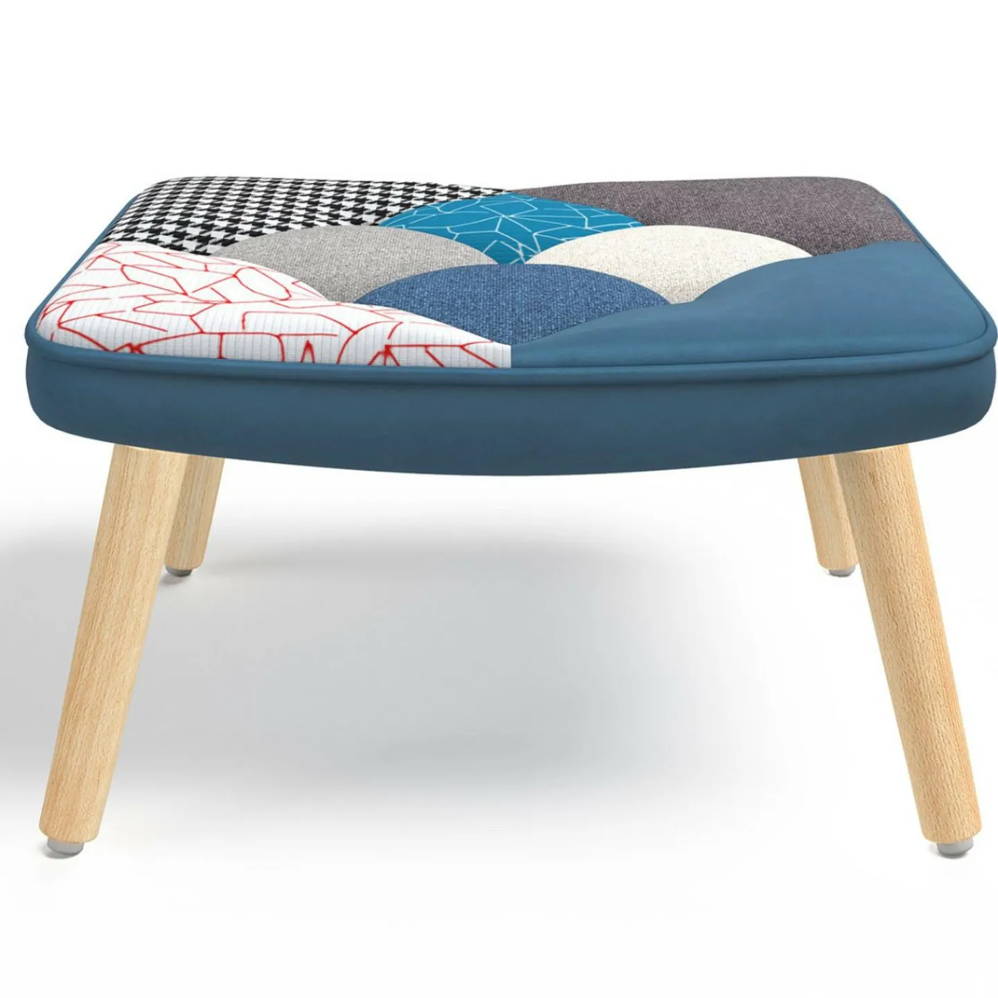 Fauteuil scandinave velours bleu et patchwork avec repose pied*IDMarket Outlet