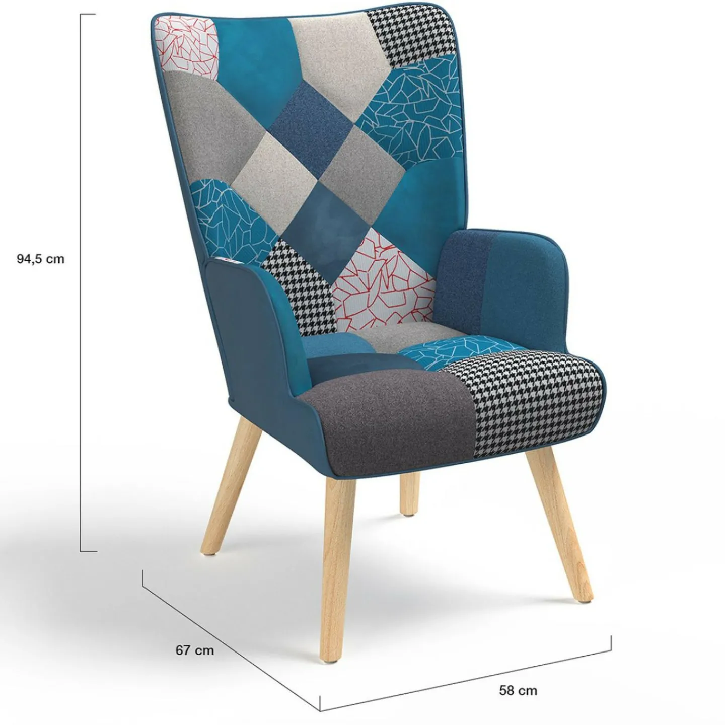 Fauteuil scandinave velours bleu et patchwork avec repose pied*IDMarket Outlet