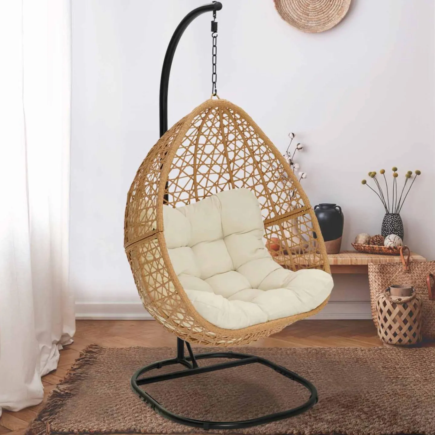 Fauteuil suspendu effet rotin avec coussin écru*IDMarket Hot
